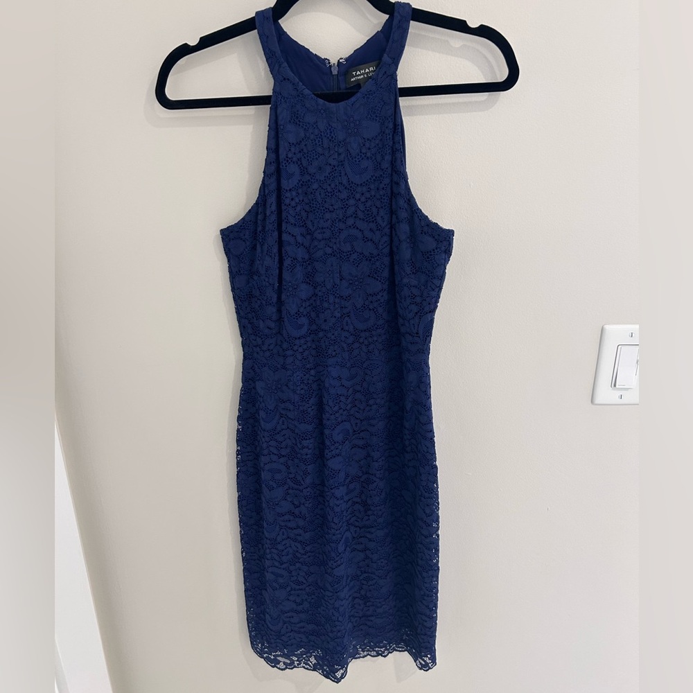 Tahari navy lace dress with zip back.